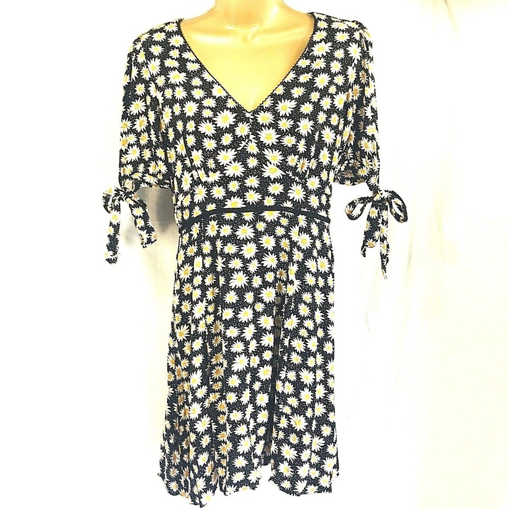 Sugar Lips Dress M Black Rayon White Floral Bow Tie Lined Flowy Boho Hippie
